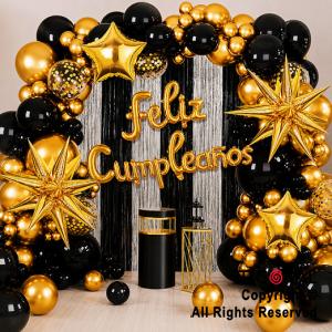 SET DE GLOBOS ARCO XL FELIZ CUMPLEA�OS NEGRO Y ORO (GY 7824) 100 UNIDADES